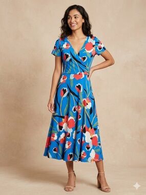 Sigrid Olsen Floral Faux Wrap Dress Size M Blue Red Tulip Print Jersey Midi